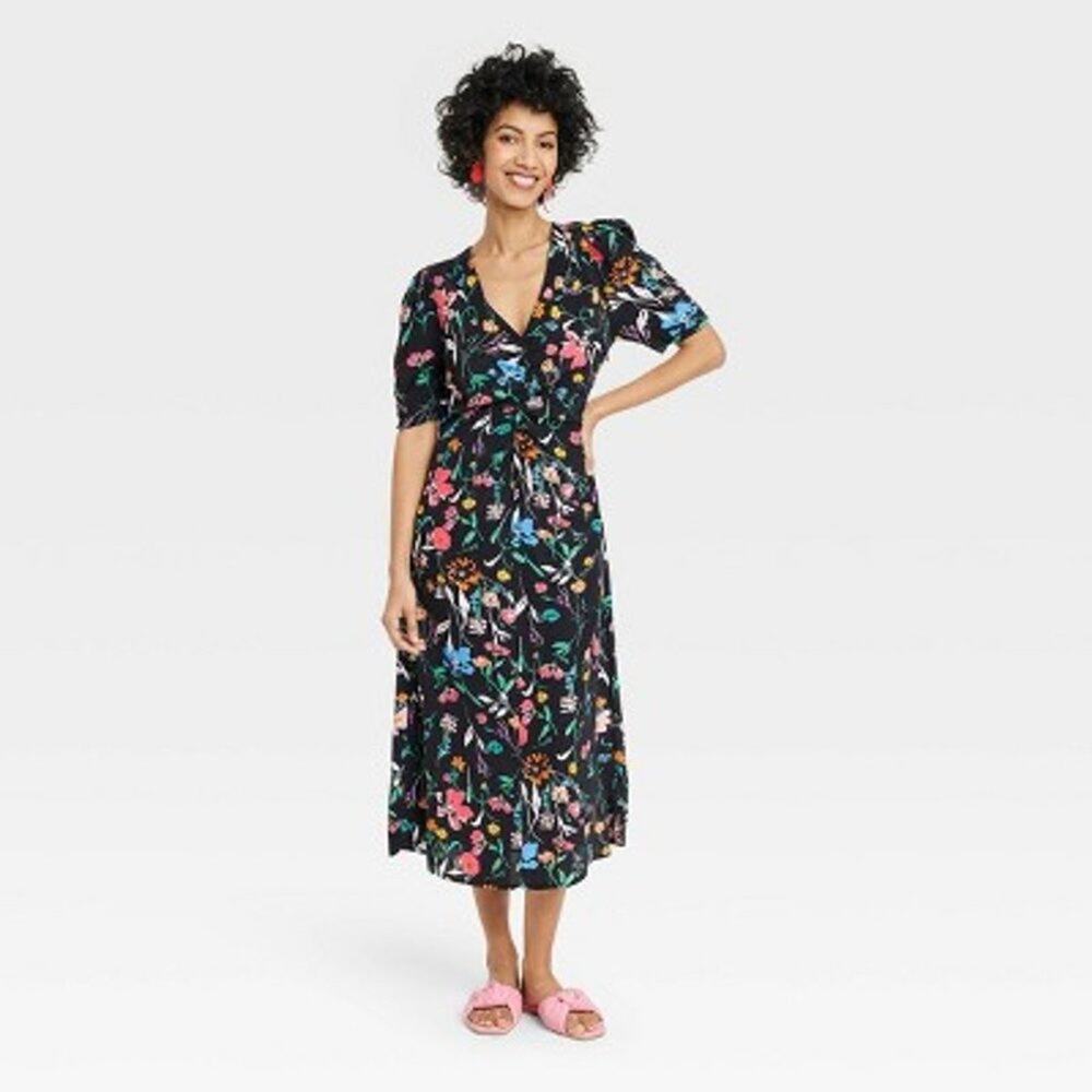 A New Day Women's Puff Short Sleeve Ruched A-Line Dress - Black Floral Medium